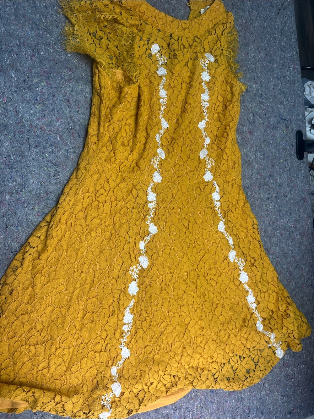 miami Mustard Lace Midi Dress with White Floral Trim